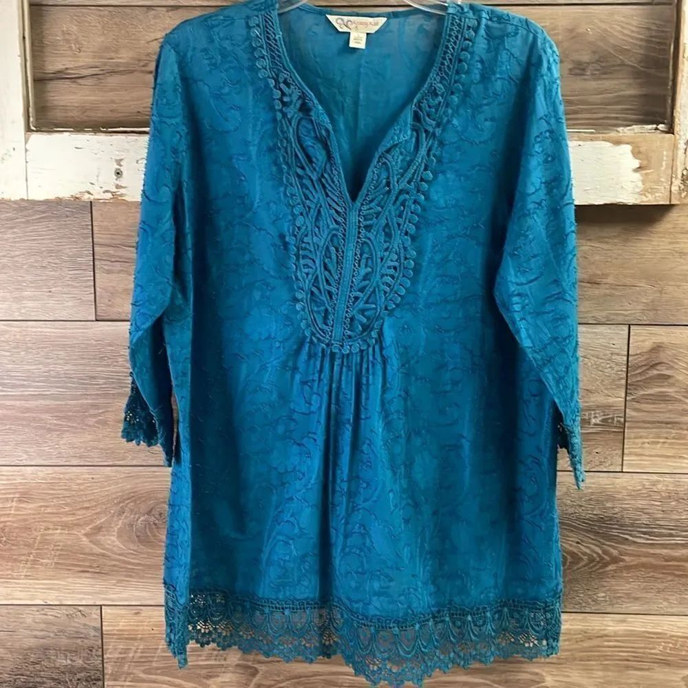 KRAZY KAT Womens Peasant Style Crocheted Lace Cotton Blouse Size Large Teal Blue - Picture 2 of 9